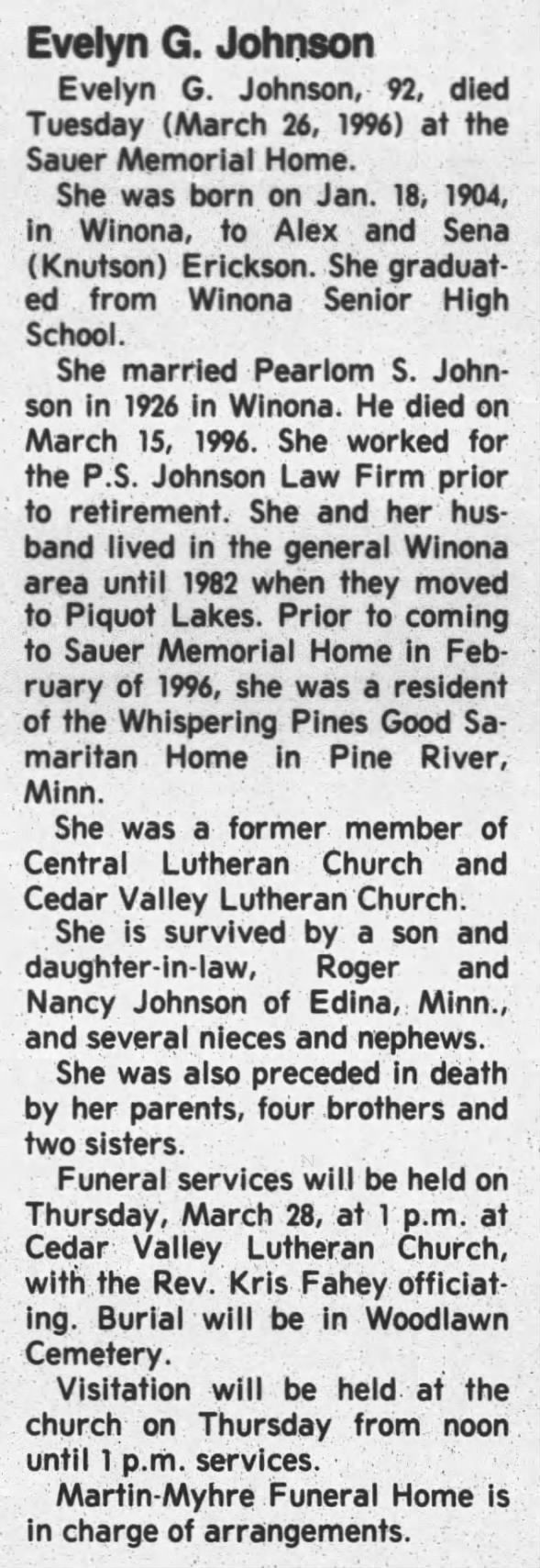 Obituary for Evelyn G. Johnson, 1904-1996 (Aged 92)